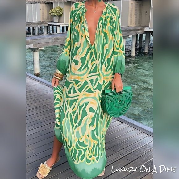 Dresses & Skirts - Green Abstract Button Chest Oversized Long Sleeve Dress Lightweight Colorful